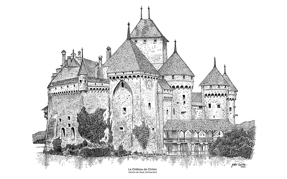 Le Chateau de Chillon, Switzerland - Illustration by John Taylor